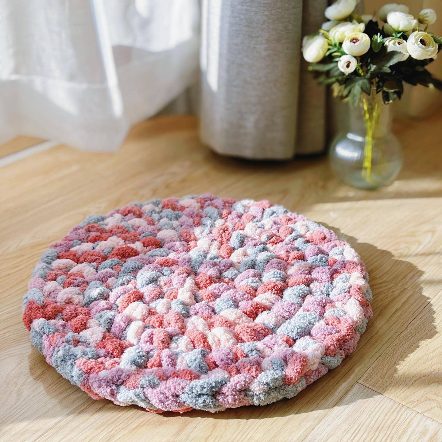 Dual-Use Fluffy Pet & Human Round Cushion | Soft Chenille Floor Mat for Dogs/Cats & Living Room (Non-Slip, Washable, Multi-Color)