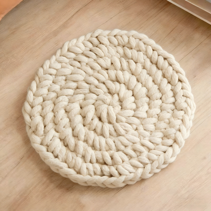 Dual-Use Chunky Knit Round Cushion | Pet Bed + Human Floor Pillow | Boho Cozy Decor for Living Room