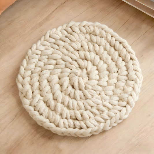 Dual-Use Chunky Knit Round Cushion | Pet Bed + Human Floor Pillow | Boho Cozy Decor for Living Room