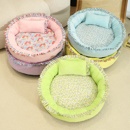 Best-Selling Soft Pet Bed | Cozy Ruffled Nest with Floral Lining (60cm Diameter)