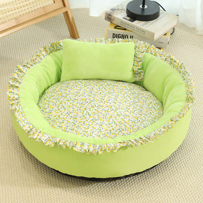 Best-Selling Soft Pet Bed | Cozy Ruffled Nest with Floral Lining (60cm Diameter)