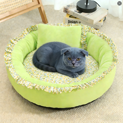 Best-Selling Soft Pet Bed | Cozy Ruffled Nest with Floral Lining (60cm Diameter)
