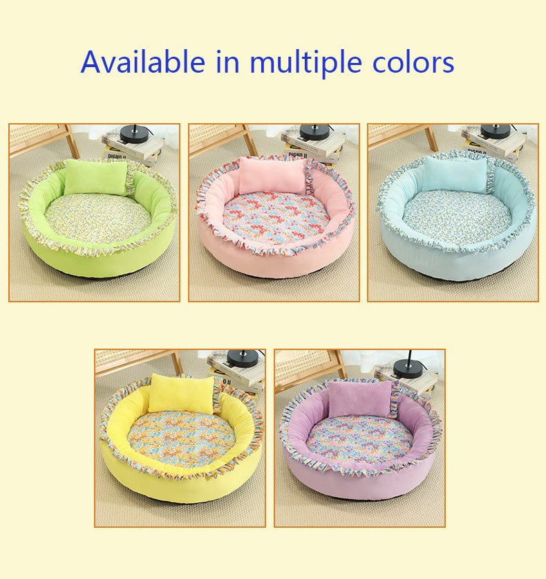 Best-Selling Soft Pet Bed | Cozy Ruffled Nest with Floral Lining (60cm Diameter)