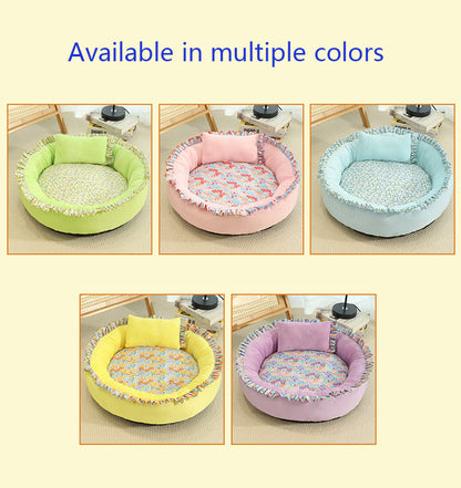 Best-Selling Soft Pet Bed | Cozy Ruffled Nest with Floral Lining (60cm Diameter)